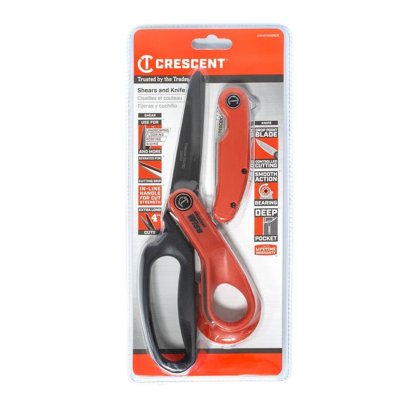 Conjunto de Tijeras de Trabajo Pesado Crescent Wiss de 10 pulgadas con Recubrimiento de Titanio y Cuchillo de Bolsillo de Punta de Gota de Acero de 3.25 pulgadas (2 piezas) - CW10TM325CR.