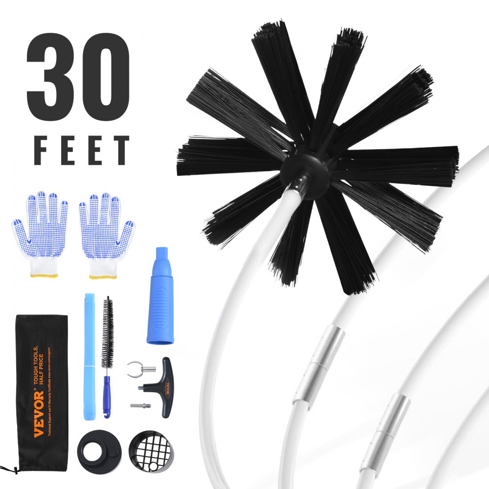 VEVOR 30 FEET Dryer Vent Cleaner Kit, 22 Pieces Duct Cleaning Brush, Reinforced Nylon Dryer Vent Brush with Complete Accessories, Dryer Cleaning Kit with Flexible Lint Trap Brush, Clamp Connectors - GDQJSPJK30YCJG6C2V0