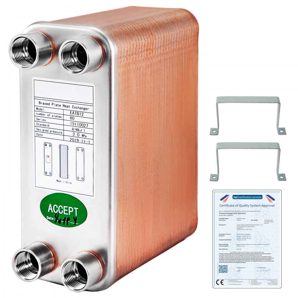 VEVOR Heat Exchanger 3"x7.5" 60 Plates Brazed Plate Heat Exchanger 316L 1/2" BSP FPT Heat Exchanger EATB12 Beer Wort Chiller for Hydronic Heating - BSHRQ1260FB12G601V0
