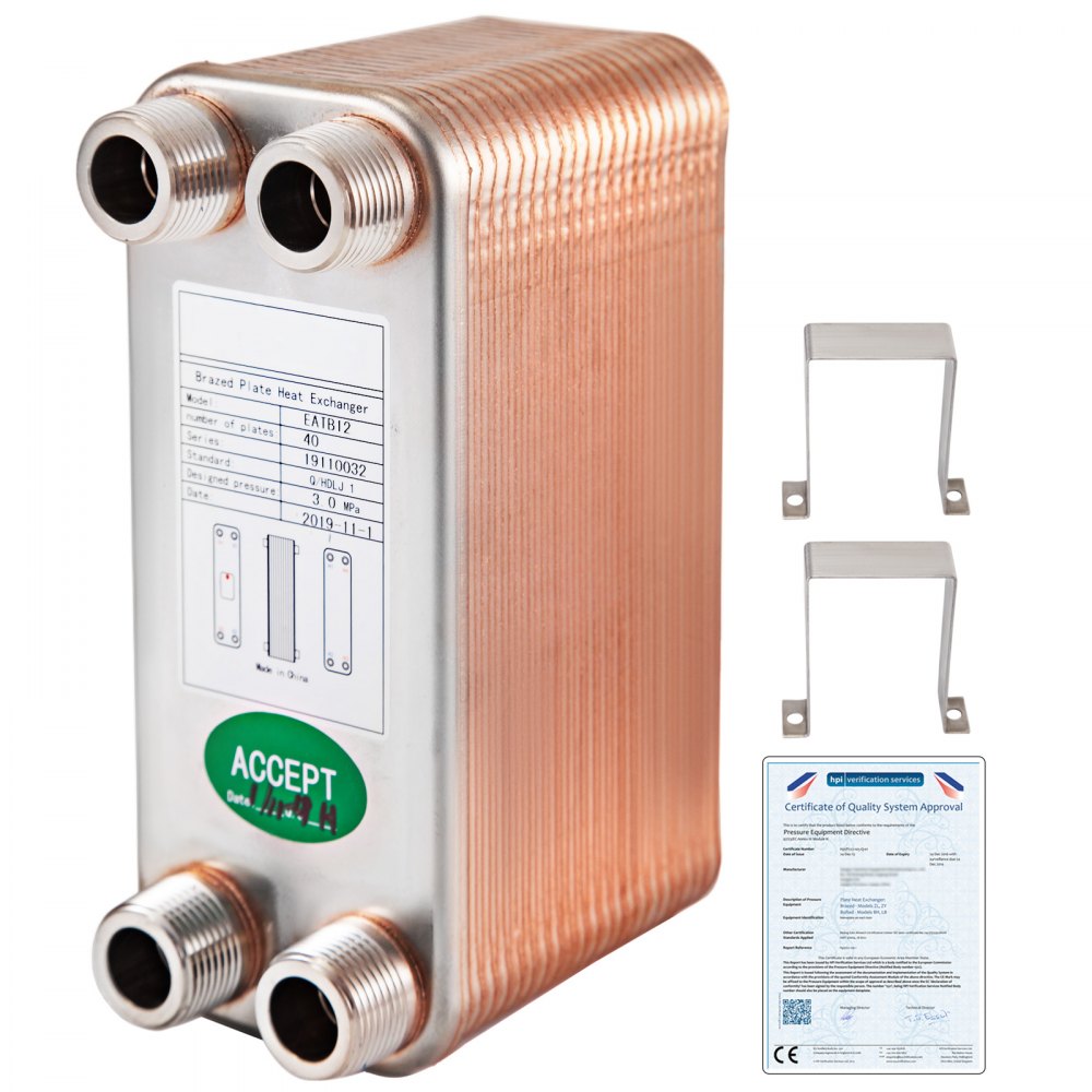 VEVOR Heat Exchanger 3"x7.5" 40 Plates Brazed Plate Heat Exchanger 316L 3/4" MPT Heat Exchanger B3-12A Beer Wort Chiller for Hydronic Heating - BSHRQ1240MN34G601V0