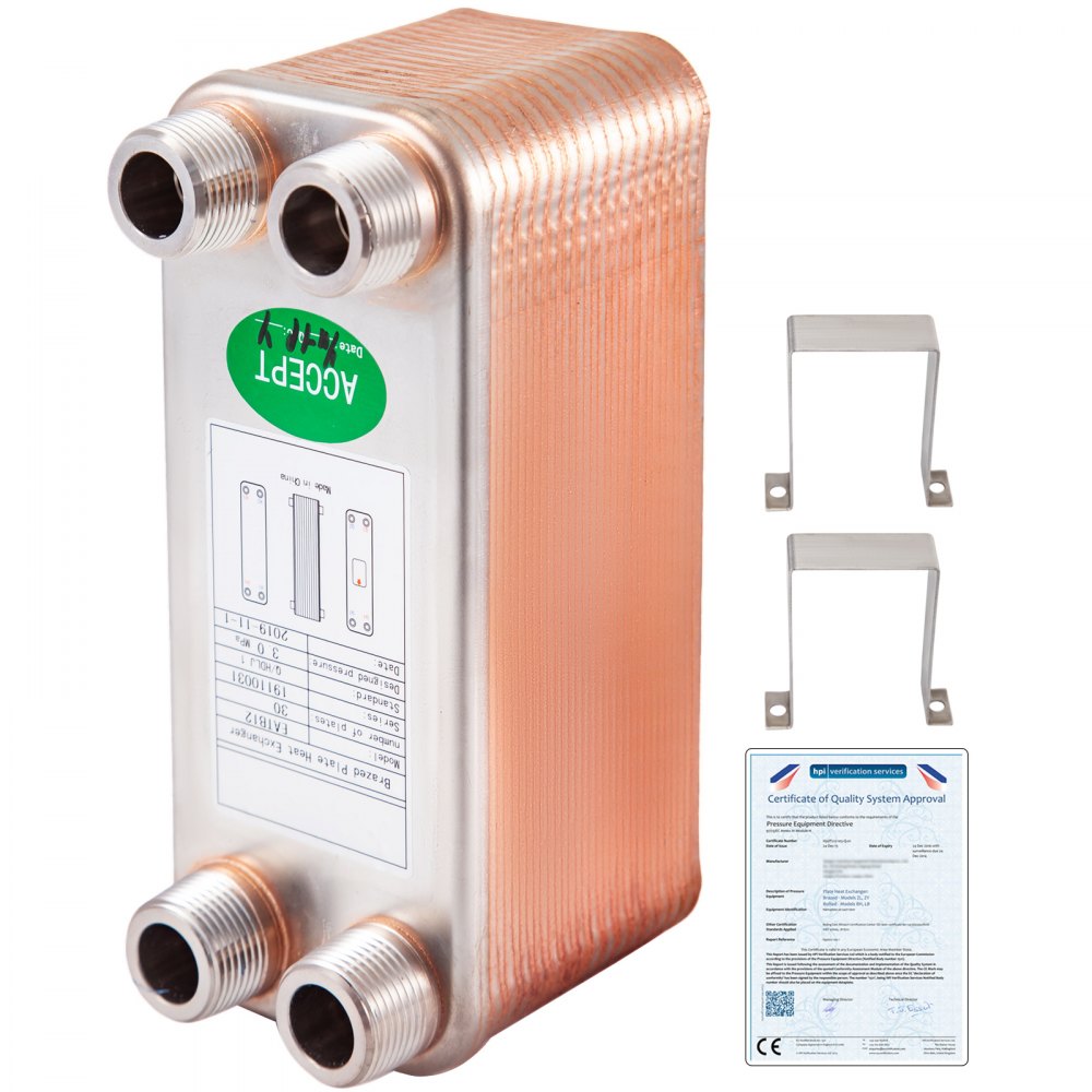 VEVOR Heat Exchanger 3"x7.5" 30 Plates Brazed Plate Heat Exchanger 316L 3/4" MPT Heat Exchanger B12-30 Beer Wort Chiller for Hydronic Heating - BSHRQ1230MN34G601V0