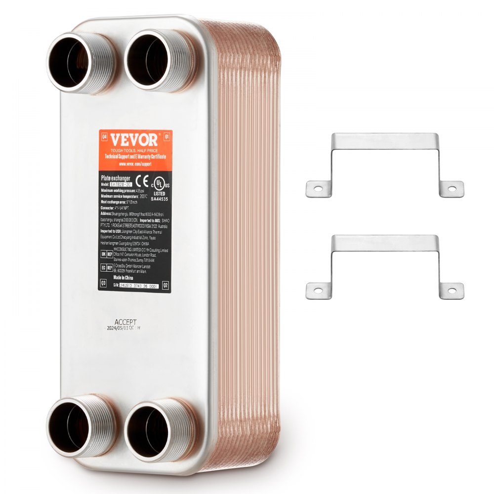 VEVOR Heat Exchanger, 5"x 12" 30 Plates Brazed Plate Heat Exchanger, Copper/316L Stainless Steel Water To Water Heat Exchanger For Floor Heating, Water Heating, Snow Melting, Beer Cooling - QHBSHRQ51230HDK92V0