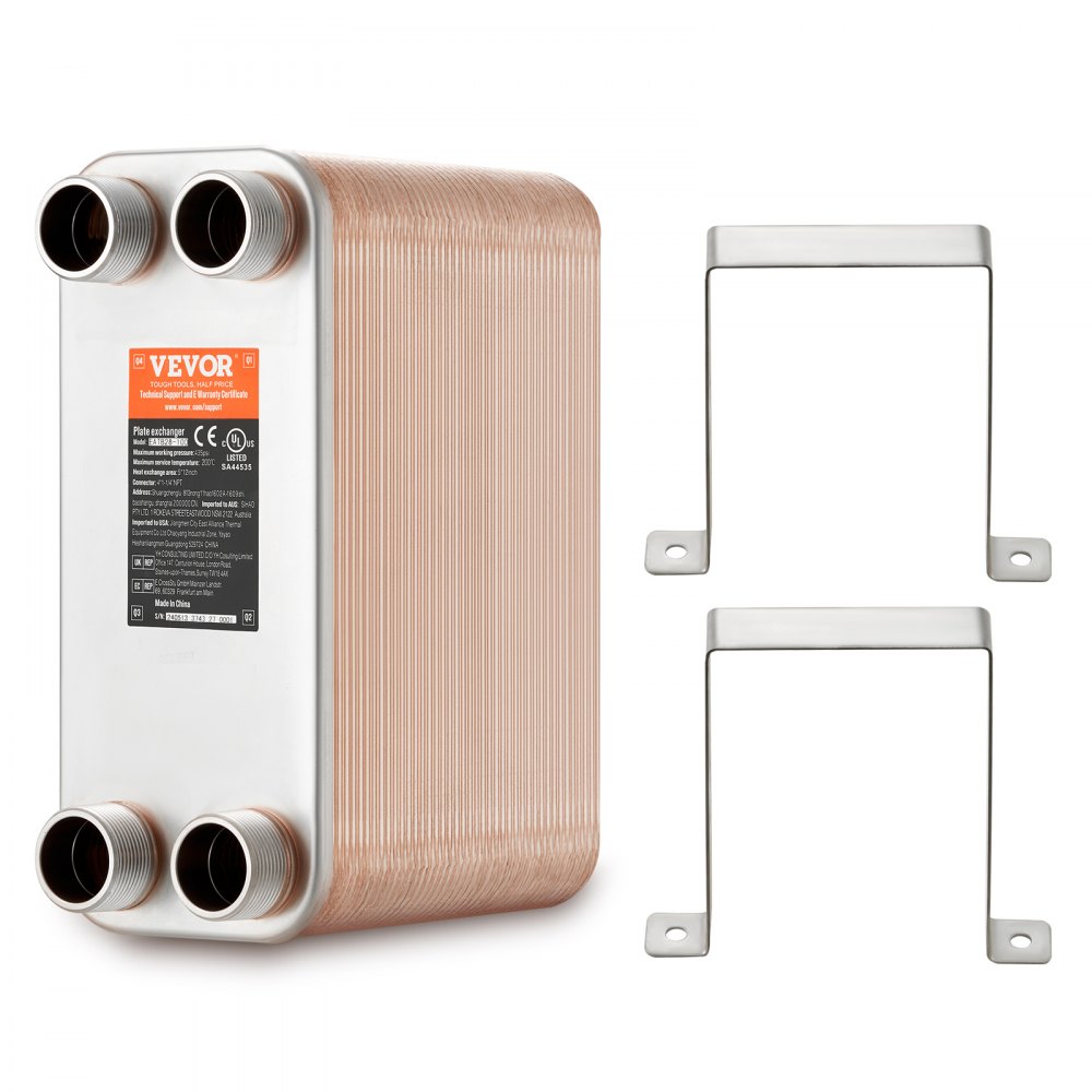 VEVOR Heat Exchanger, 5"x 12" 80 Plates Brazed Plate Heat Exchanger, Copper/316L Stainless Steel Water To Water Heat Exchanger For Floor Heating, Water Heating, Snow Melting, Beer Cooling - QHBSHRQ51280HRF9VV0