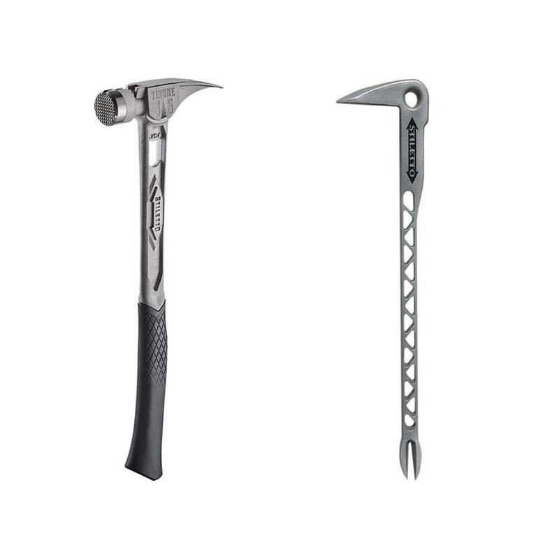 Martillo Stiletto de 15 oz. TiBone con cara fresada y mango curvado con palanca de uñas de titanio de 12 pulgadas con marcador (2 piezas) - TIB15MC-TiCLW12