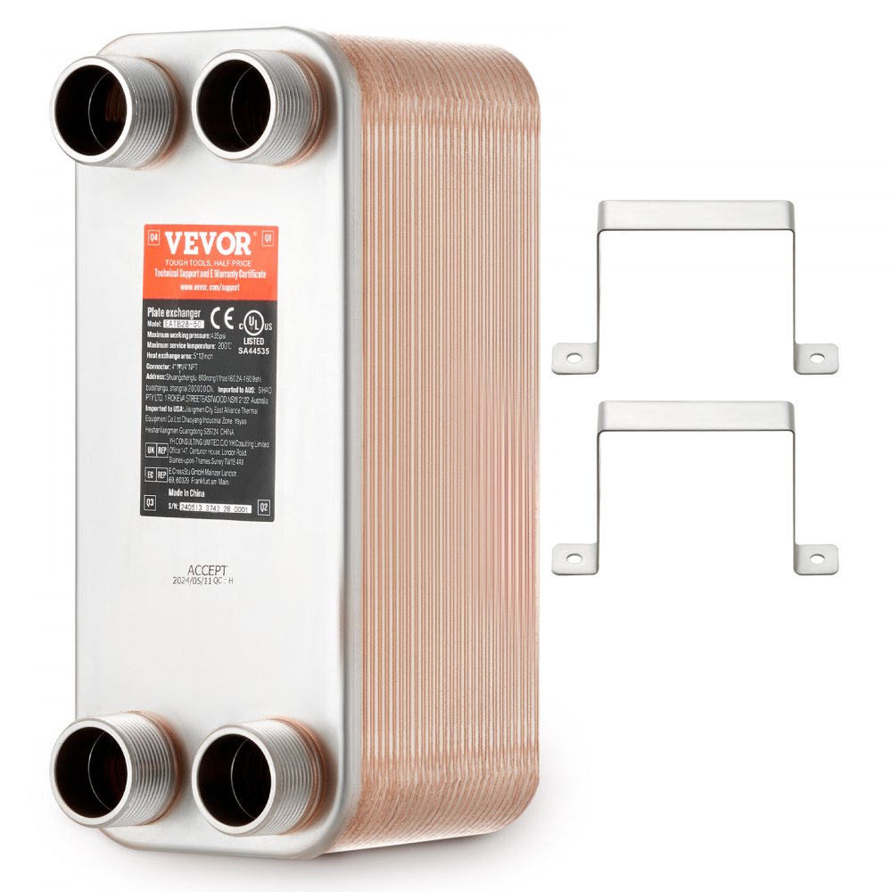 VEVOR Heat Exchanger, 5"x 12" 50 Plates Brazed Plate Heat Exchanger, Copper/316L Stainless Steel Water To Water Heat Exchanger For Floor Heating, Water Heating, Snow Melting, Beer Cooling - QHBSHRQ512506DE54V0