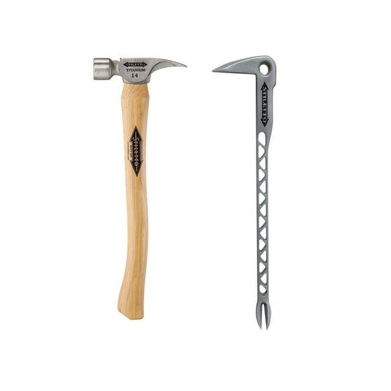 Martillo de titanio Stiletto de 14 oz. con cabeza lisa y mango de nogal curvado de 18 pulgadas, con barra para uñas de titanio de 12 pulgadas con punzón - Ti14SC-TICLW12