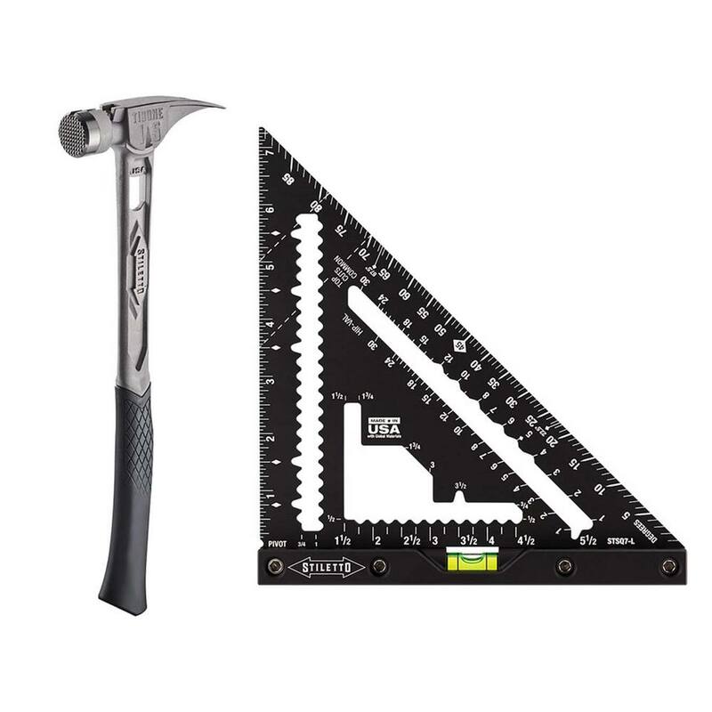 Martillo Stiletto de 15 oz. TiBone con cara fresada y mango curvado con escuadra de carpintero de 7 pulgadas con nivel (2 piezas) - TIB15MC-STSQ7-L.