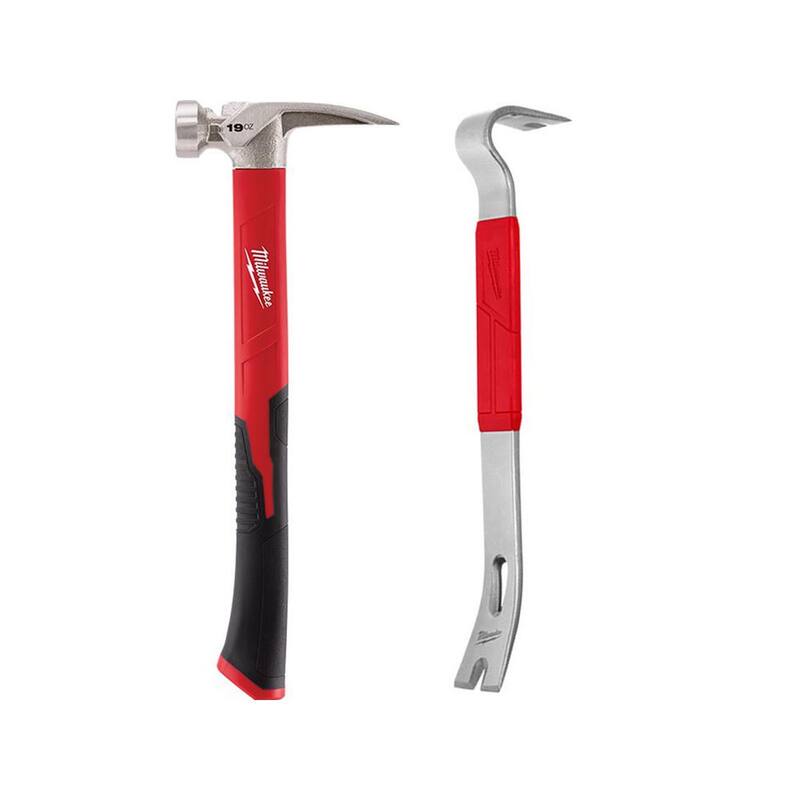 Martillo de mango de poli/fibra de 19 oz con cara lisa de Milwaukee y barra de palanca de 15 pulgadas - 48-22-9316-48-22-9035