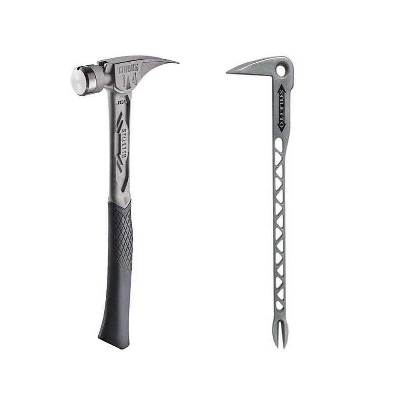 Martillo Stiletto de 14 oz. TiBone con cara lisa y mango curvo con 12 pulgadas de extractor de clavos Titanium Clawbar con Dimpler (2 piezas) - TIB14RSC-TiCLW12