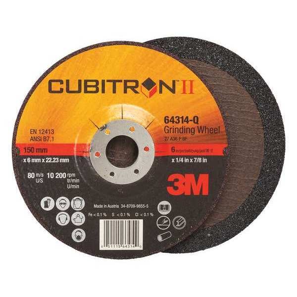 Ruedas de centro deprimido 3M Cubitron, tipo 27, 6 pulgadas de diámetro, 0.25 pulgadas de grosor, tamaño de agujero de mandril de 7/8 pulgadas, cerámica - 64314.