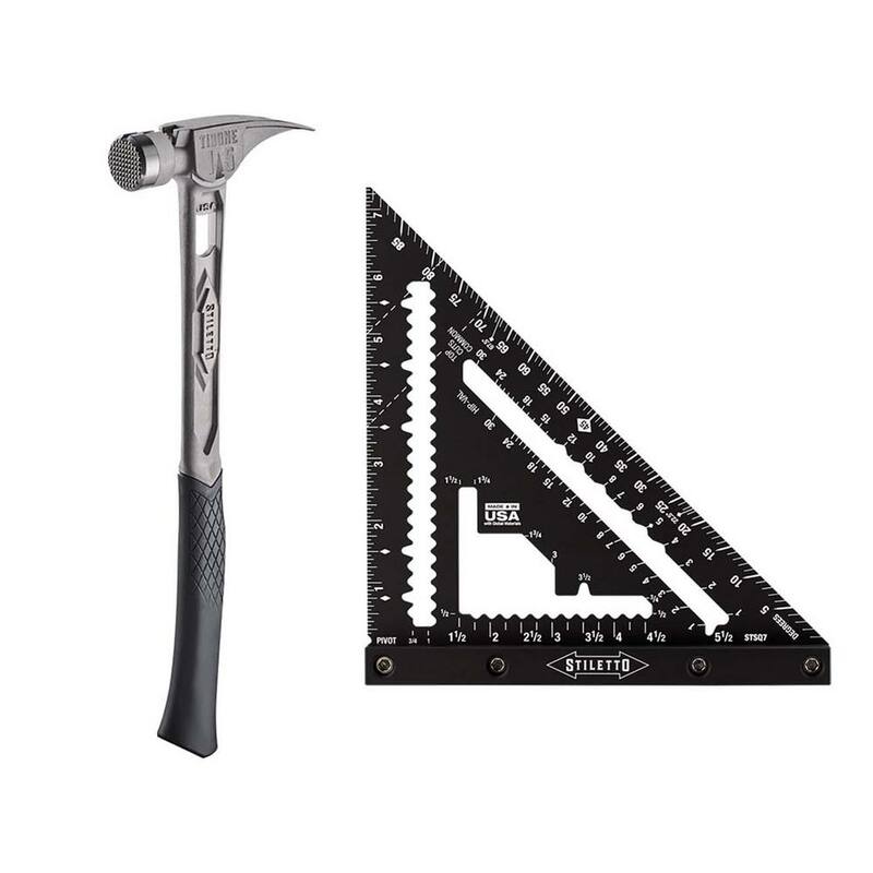 Martillo Stiletto de 15 oz. TiBone con cara moldeada y mango curvo con escuadra de carpintero de 7 pulgadas (2 piezas) - TIB15MC-STSQ7