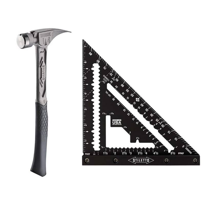 Martillo Stiletto de 14 oz. TiBone con cara lisa y mango curvo con cuadrado de carpintero de 7 pulgadas (2 piezas) - TIB14RSC-STSQ7