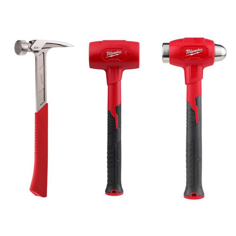 Martillo de enmarcar con cara fresada de 22 oz de Milwaukee con martillo de impacto de 48 oz y martillo de peen de bola de 32 oz - 48-22-9022-48-22-9151-48-22-9141