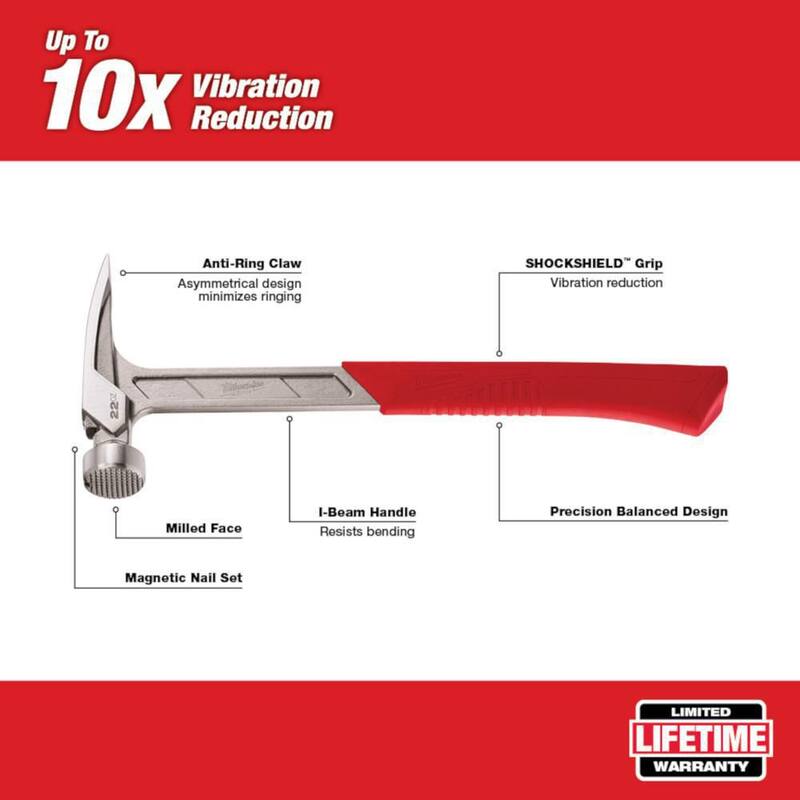 Martillo para enmarcar con cara fresada de 22 oz de Milwaukee con palanca de 12 pulgadas - 48-22-9022-48-22-9034.
