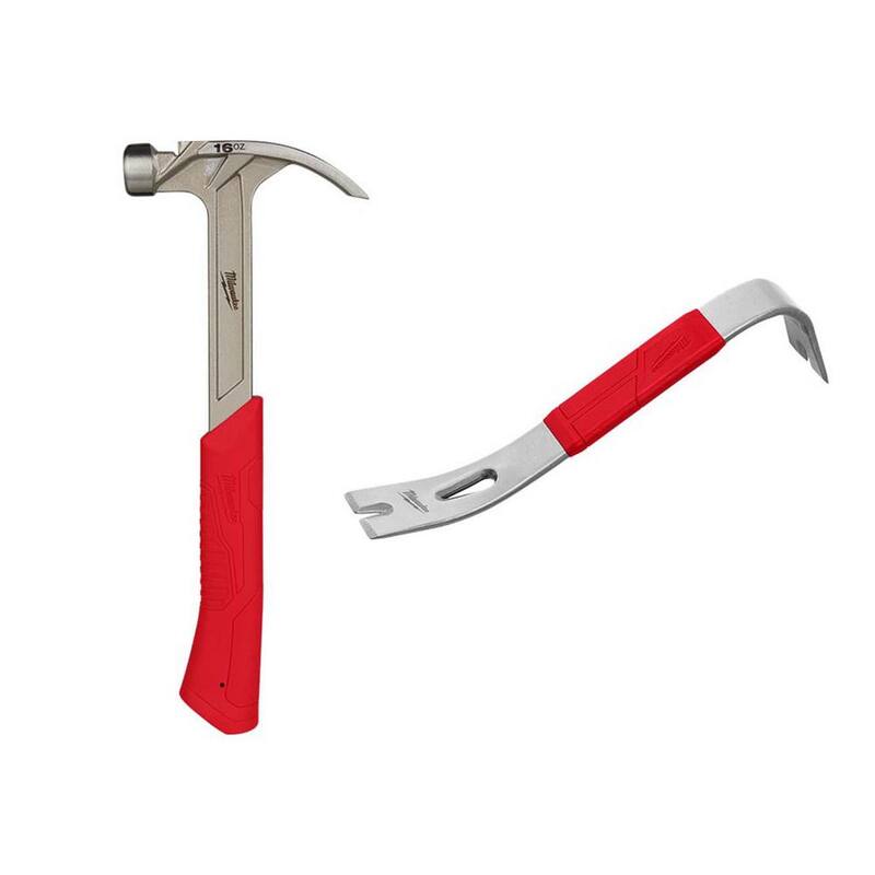 Martillo de acabado de cara lisa de 16 oz Milwaukee con barra de palanca de 12 pulgadas - 48-22-9018-48-22-9034