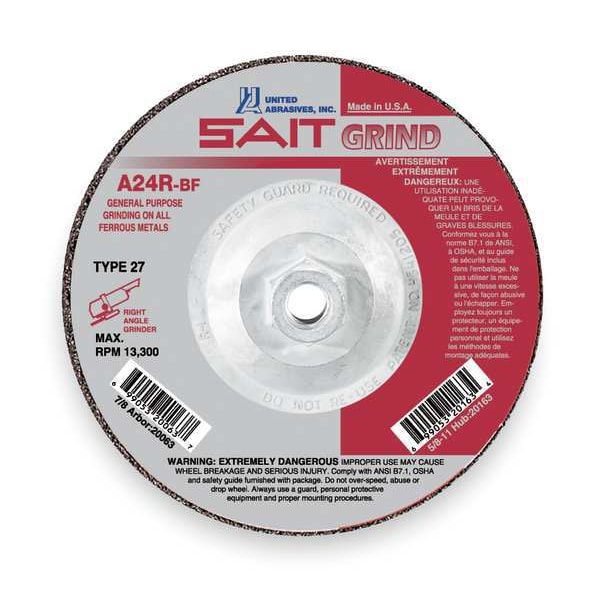 Muela de rectificado de centro deprimido United Abrasives/Sait, 27, 9" de diámetro, 1/4" de grosor, tamaño de agujero en el eje de 5/8"-11, óxido de aluminio - 20096