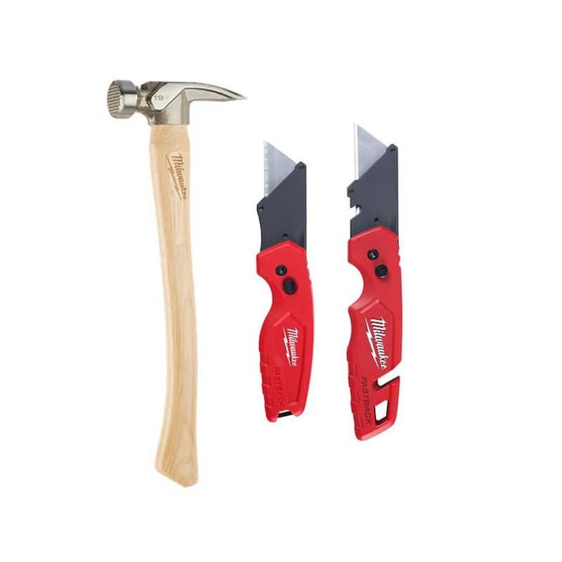 Martillo de armazón de nogal de cara fresada de 19 oz de Milwaukee con juego de cuchillo utilitario plegable FASTBACK (3 piezas) - 48-22-9419-48-22-1503.