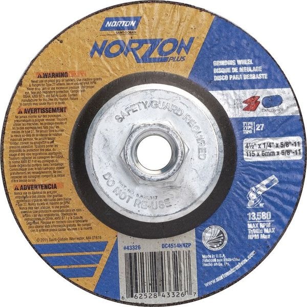 Muelas de Centro Deprimido Norton Abrasives, Tipo 27, 4 1/2 pulgadas de diámetro, 0.25 pulgadas de grosor, tamaño de orificio del eje de 5/8"-11, Cerámica - 66252843326