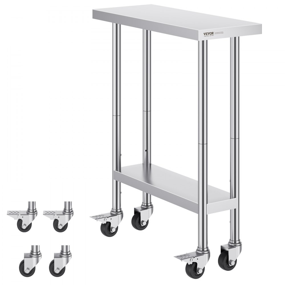 VEVOR Stainless Steel Work Table 30 x 12 x 38 Inch, with 4 Wheels, 3 Adjustable Height Levels, Heavy Duty Food Prep Worktable for Commercial Kitchen Restaurant, Silver - CFBXGGZTLCDJEZMQSV0