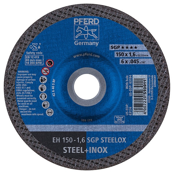 Rueda de corte Pferd de 6" x .045", 7/8" de agujero, para acero SGP STEELOX - Tipo 27 - 63174