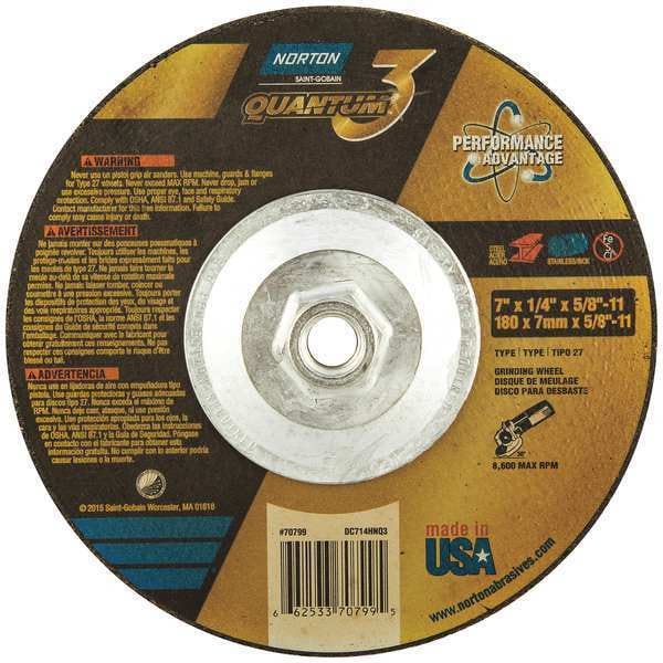 Norton Abrasivos Ruedas de Centro deprimido, Tipo 27, 7 pulgadas de diámetro, 0.25 pulgadas de grosor, tamaño del agujero del eje 5/8"-11, Cerámica - 66253370799