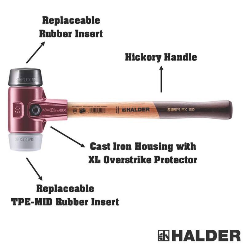 Martillo Halder Simplex de 2.5 lbs. con insertos de goma negra y gris que no marcan - 3023.050