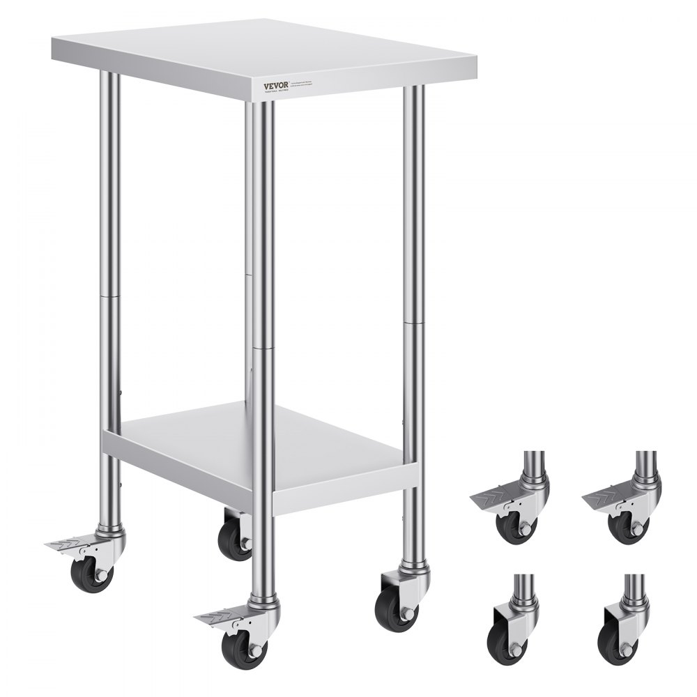 VEVOR Stainless Steel Work Table 24 x 18 x 38 Inch, with 4 Wheels, 3 Adjustable Height Levels, Heavy Duty Food Prep Worktable for Commercial Kitchen Restaurant, Silver - CFBXGGZTLCDJ3QDV2V0