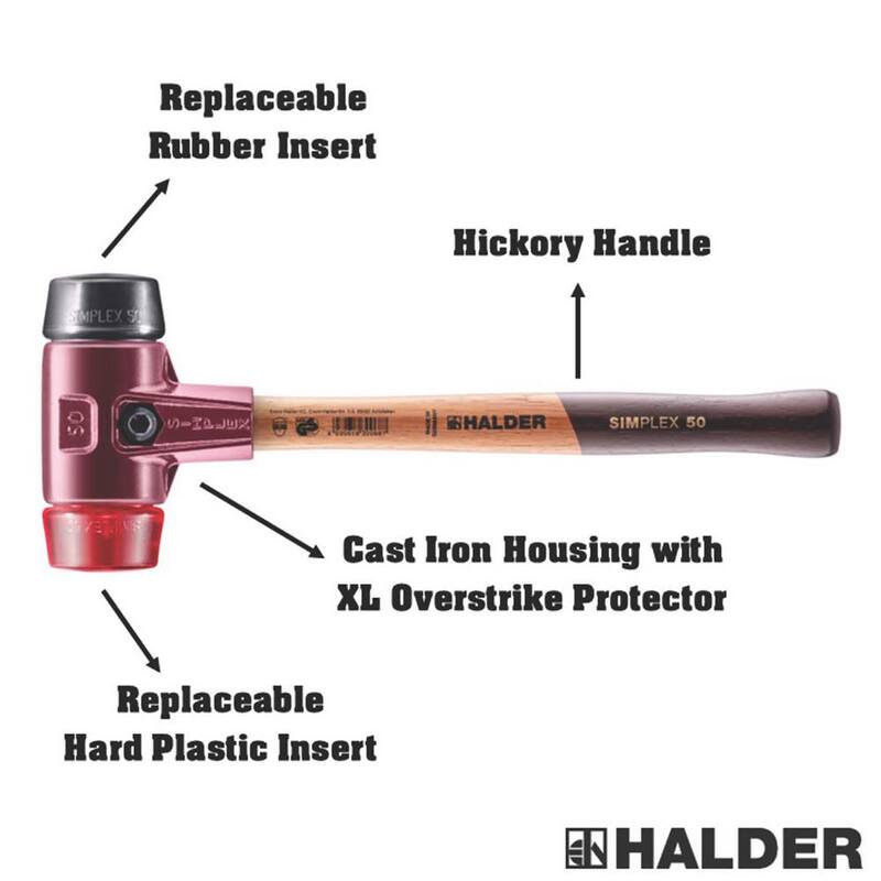 Martillo Halder Simplex 50 de 2.5 lbs. con insertos de goma negra y plástico rojo - 3026.050