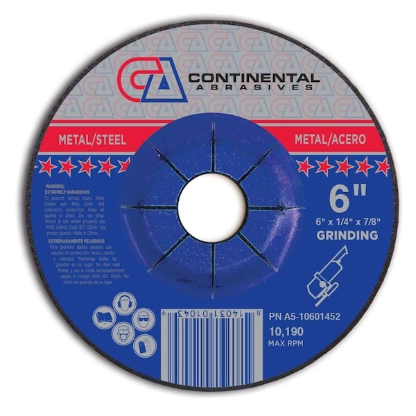 Rueda de Rectificación de Centro Deprimido Continental Abrasives de 6" x 1/4" x 7/8" - A5-10601452