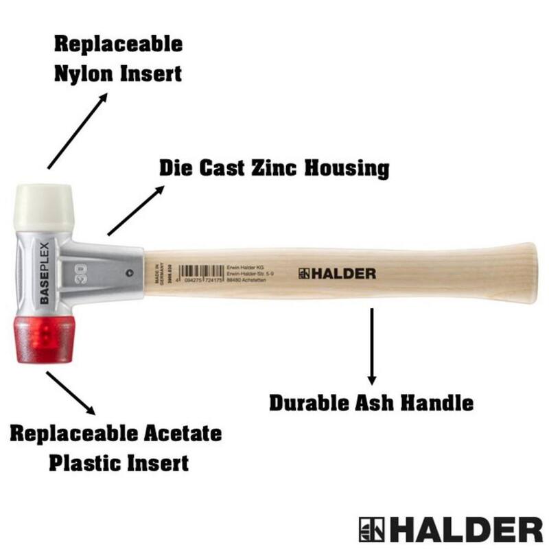 Baseplex Halder 11 oz. Martillo de maza con carcasa de fundición de zinc, mango de madera dura, cara de plástico rojo y cara de nylon blanco - 3968.030