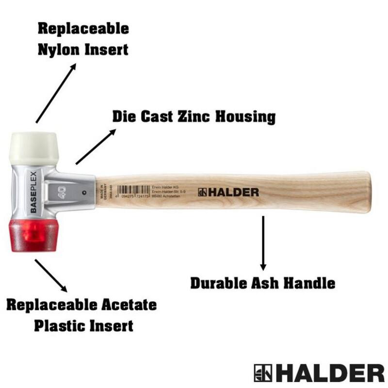 Baseplex Halder 18 oz. Mazo con carcasa de zinc fundido a presión, mango de madera dura, cara de plástico rojo y cara de nylon blanco - 3968.040