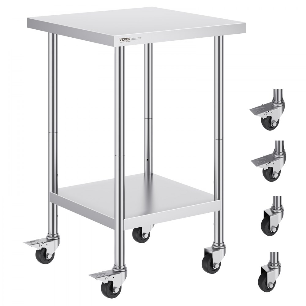 VEVOR Stainless Steel Work Table 24 x 24 x 38 Inch, with 4 Wheels, 3 Adjustable Height Levels, Heavy Duty Food Prep Worktable for Commercial Kitchen Restaurant, Silver - CFBXGGZTLCDJLTPN7V0