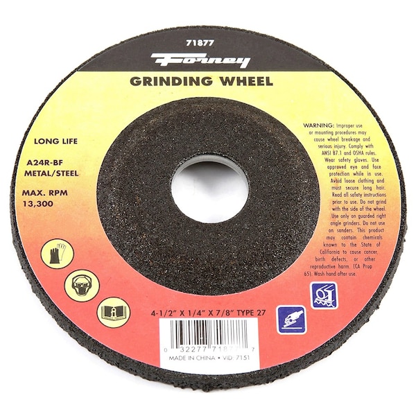 Rueda de Esmerilado Forney, Metal, Tipo 27, 4-1/2 pulgadas x 1/4 pulgadas x 7/8 pulgadas - 71877