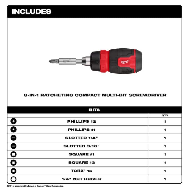 Milwaukee Destornillador compacto multipuntas de trinquete 8-en-1 - 48-22-2913