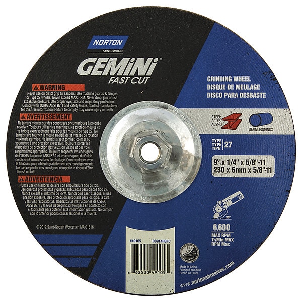 Ruedas Norton Abrasives de Centro Deprimido, Tipo 27, 9 pulgadas de diámetro, 0.25 pulgadas de grosor, tamaño del orificio de montaje del eje de 5/8"-11, Óxido de Aluminio - 66253049105.