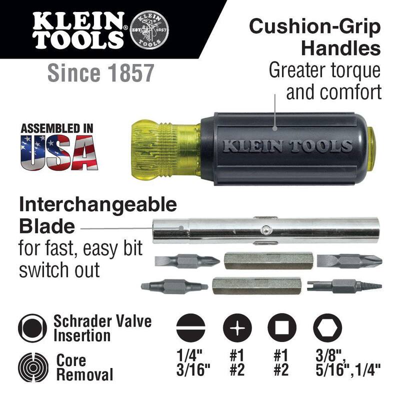Herramienta de múltiples puntas y destornillador de 11 en 1 de Klein Tools con herramienta para válvula Schrader - Mango con agarre acolchonado - 32527