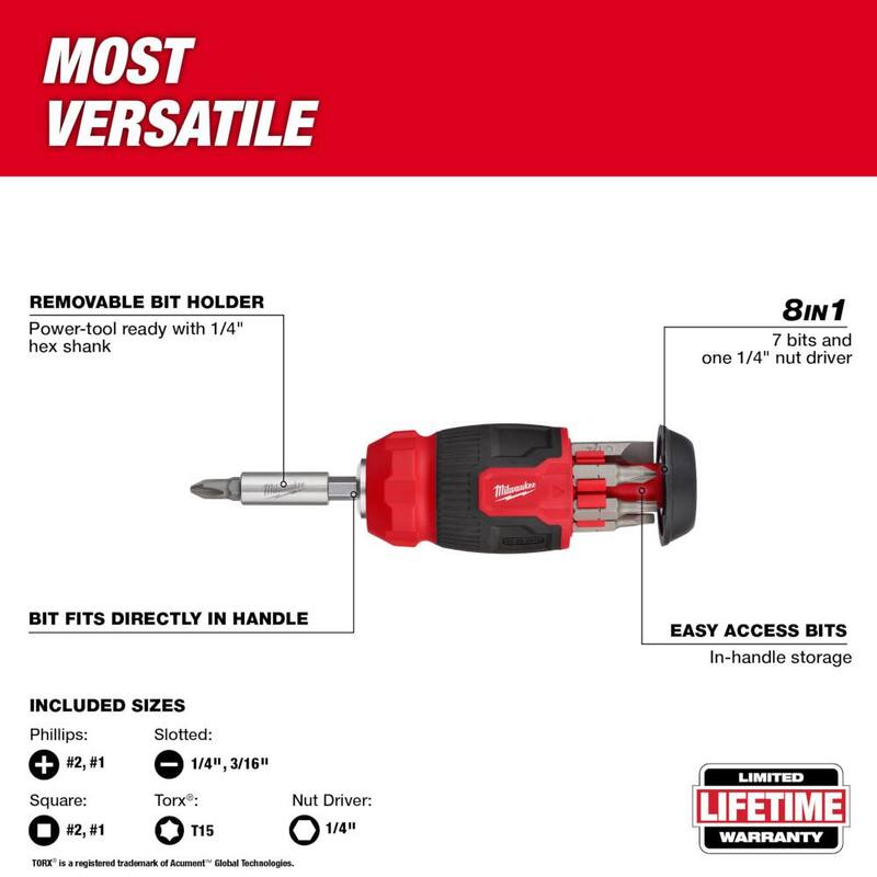 Milwaukee 8-en-1 Destornillador Multibit Compacto con Cuchillos Utilitarios Plegables Fastback 6-en-1 con Hoja de Uso General (2 Piezas) - 48-22-2910-48-22-1505