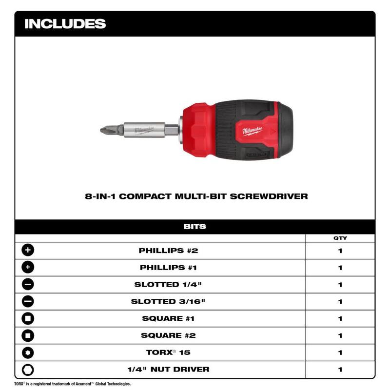 Milwaukee 8-en-1 Destornillador Multibit Compacto con Cuchillos Utilitarios Plegables Fastback 6-en-1 con Hoja de Uso General (2 Piezas) - 48-22-2910-48-22-1505