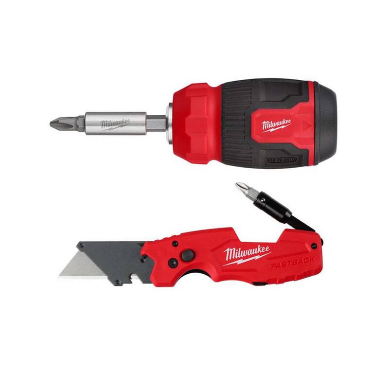 Milwaukee 8-en-1 Destornillador Multibit Compacto con Cuchillos Utilitarios Plegables Fastback 6-en-1 con Hoja de Uso General (2 Piezas) - 48-22-2910-48-22-1505