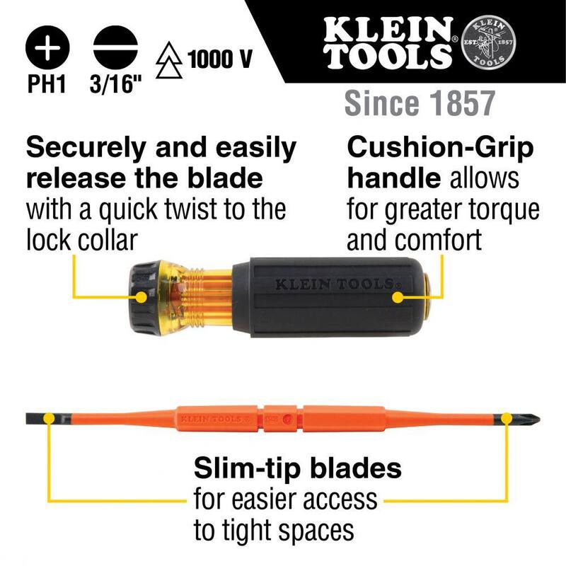 Destornillador aislado con hoja reversible de Klein Tools 2 en 1, #1 Phillips, 3/16 pulgadas de ranura - 32286
