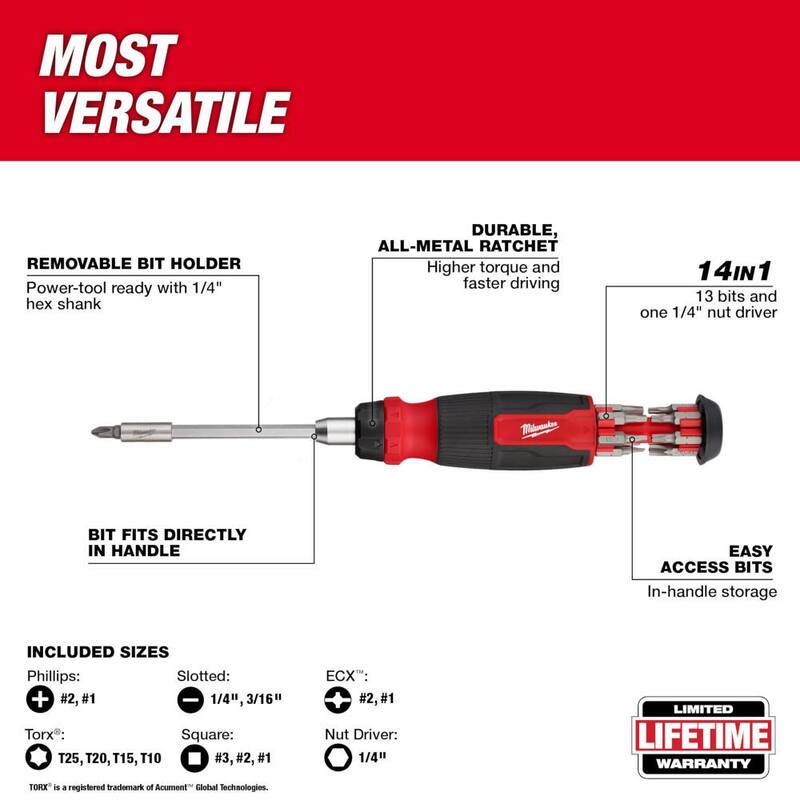 Milwaukee 14-en-1 Destornillador de múltiples bits con trinquete y cuchillo plegable 6-en-1 FASTBACK con hoja de propósito general (2 piezas) - 48-22-2903-48-22-1505