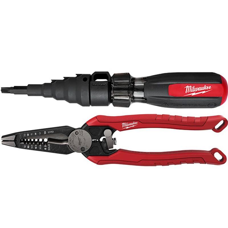 Milwaukee destornillador de múltiples bits con expansor de conduits 7-en-1 y alicates pelacables de combinación 7-en-1.