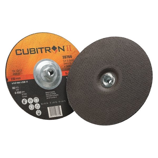 Ruedas de Centro Deprimido 3M Cubitron, Tipo 27, 9 pulgadas de diámetro, 0.125 pulgadas de grosor, tamaño de agujero de eje de 5/8"-11, Cerámica - 28766