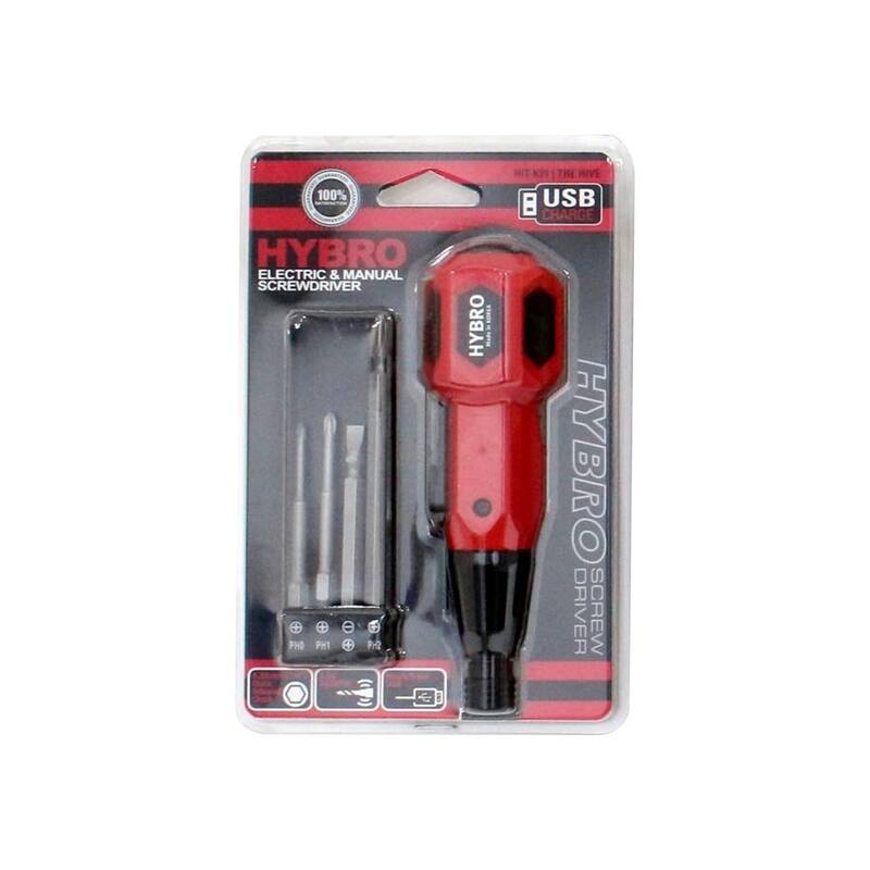 Destornillador eléctrico y manual Hybro Duo USB recargable en rojo con 4 bits - HIV-004R