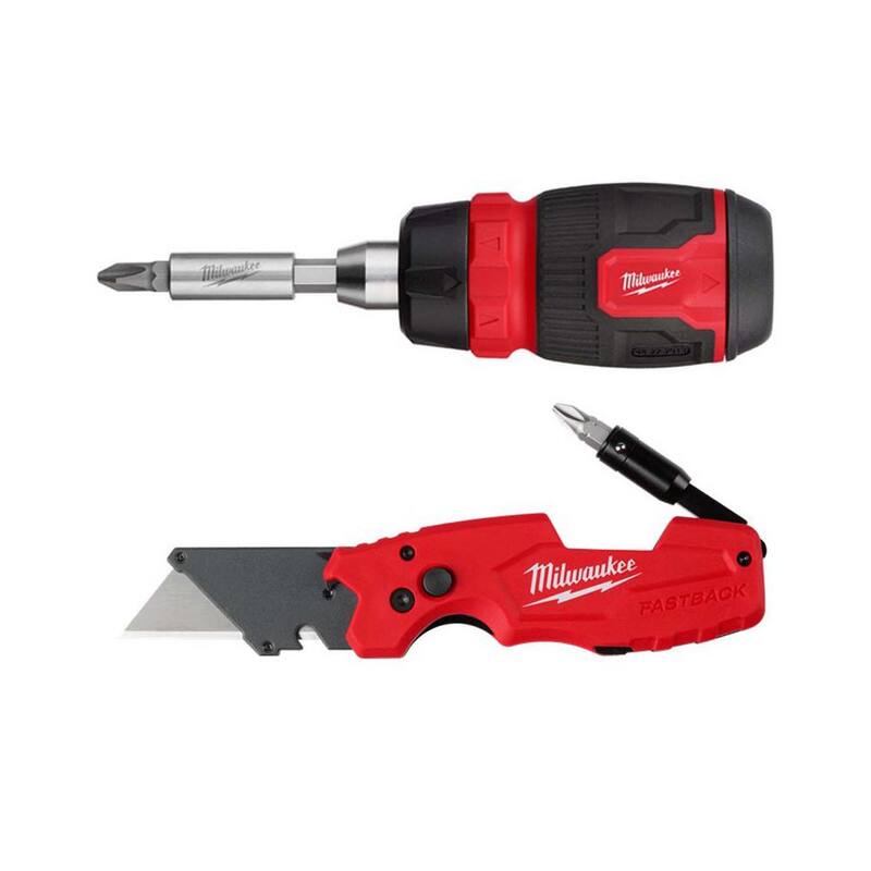 Desarmador compacto de trinquete de múltiples puntas Milwaukee 8 en 1 con cuchillo utilitario plegable FASTBACK 6 en 1 (2 piezas) - 48-22-2913-48-22-1505