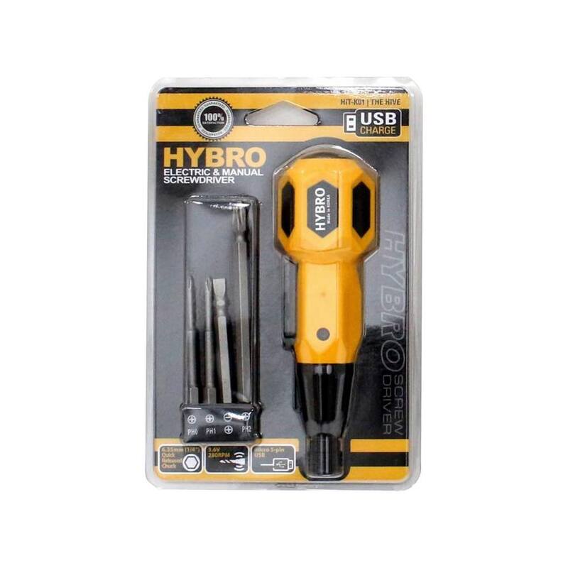 Atornillador eléctrico y manual híbrido Duo USB recargable en amarillo con 4 puntas - HIV-004Y