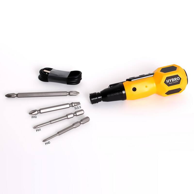 Atornillador eléctrico y manual híbrido Duo USB recargable en amarillo con 4 puntas - HIV-004Y