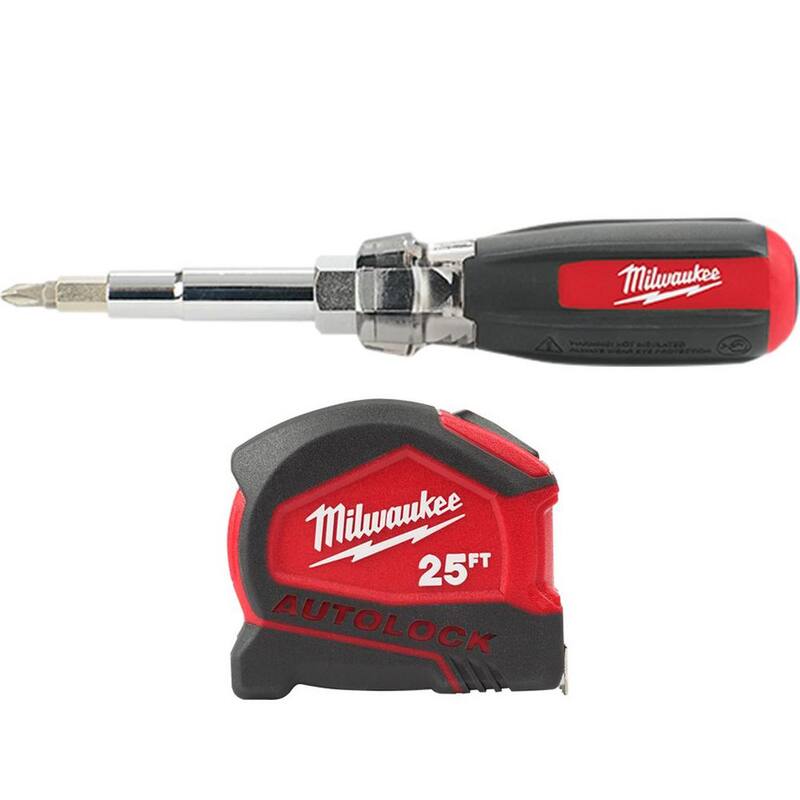 Destornillador con agarre acolchado de 13 puntas multifuncionales de Milwaukee con cinta métrica compacta de bloqueo automático de 25 pies - 48-22-2880-48-22-6825