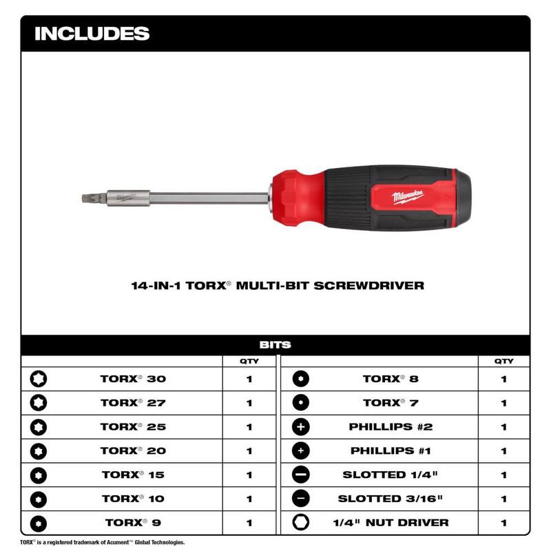 Desarmador multifuncional Milwaukee 14-en-1 Torx con juego de desarmador hexagonal de 14-en-1 y juego de desarmadores de precisión (12 piezas) - 48-22-2907-48-22-2908-48-22-2612