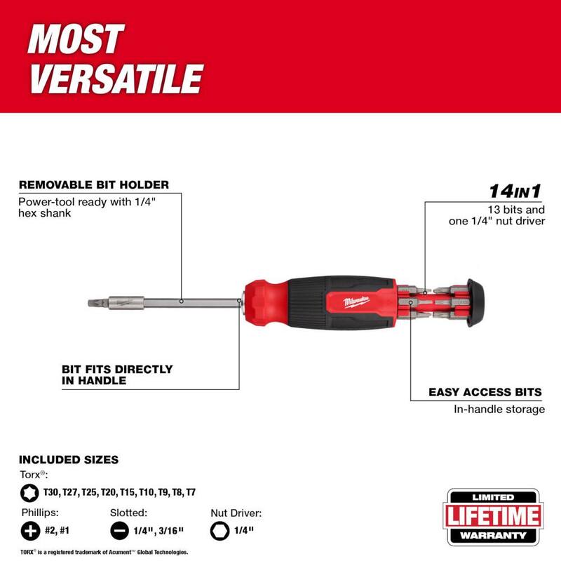 Desarmador multifuncional Milwaukee 14-en-1 Torx con juego de desarmador hexagonal de 14-en-1 y juego de desarmadores de precisión (12 piezas) - 48-22-2907-48-22-2908-48-22-2612